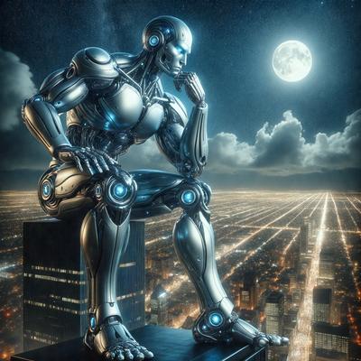 Primary subject: A robot with a human-like face, sitting on a platform and looking up at the sky.

Setting/background: The robot is sitting on a platform in a city at night, with a moon visible in the sky.

Visual style: The image is a digital artwork, featuring a robot with a human-like face.

Colors and mood: The image has a dark and moody atmosphere, with the robot's face and the night sky being the main focus.
